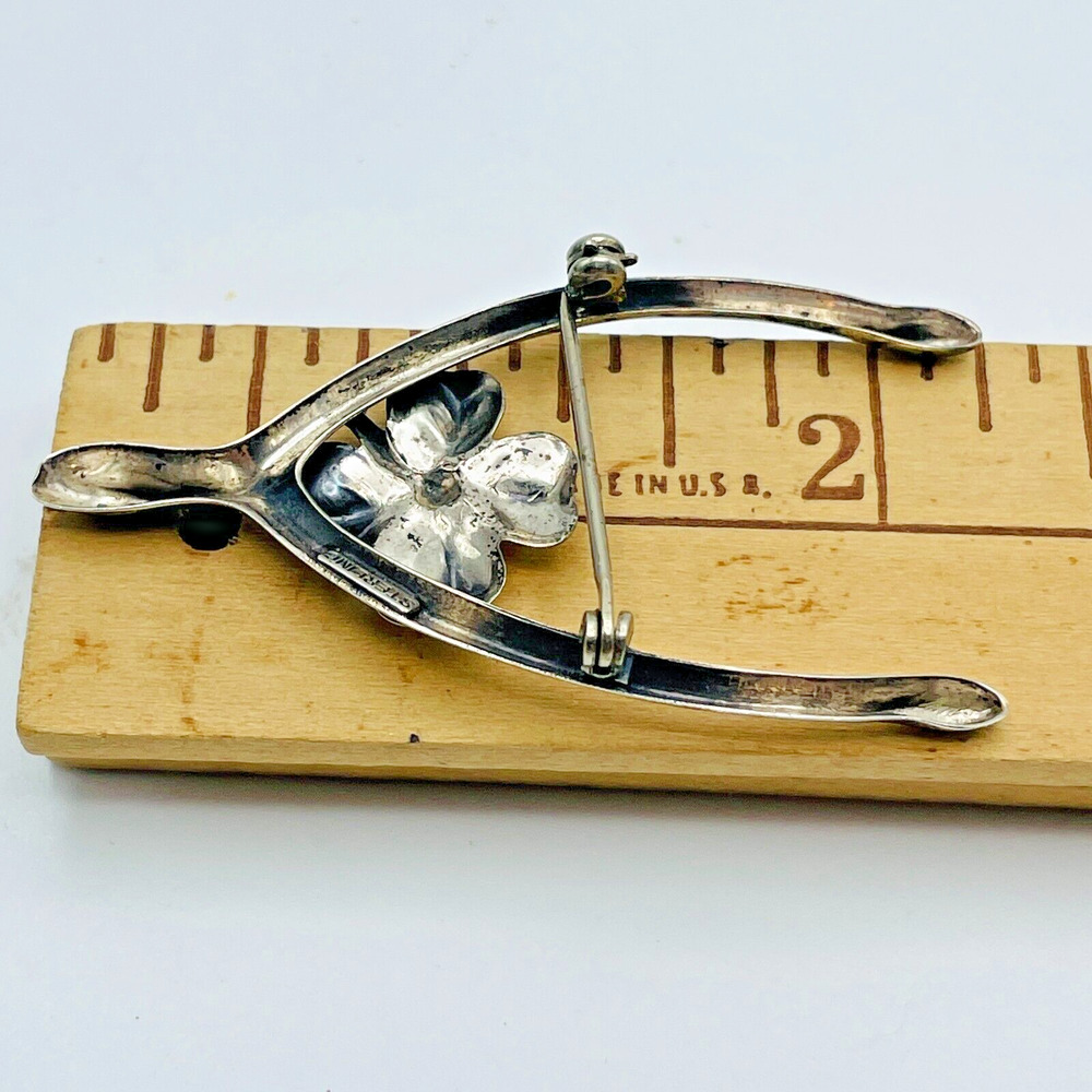 Vintage Sterling Silver Wishbone Brooch 4 Leaf Clover Repousse Pin Good Luck - Picture 8 of 8